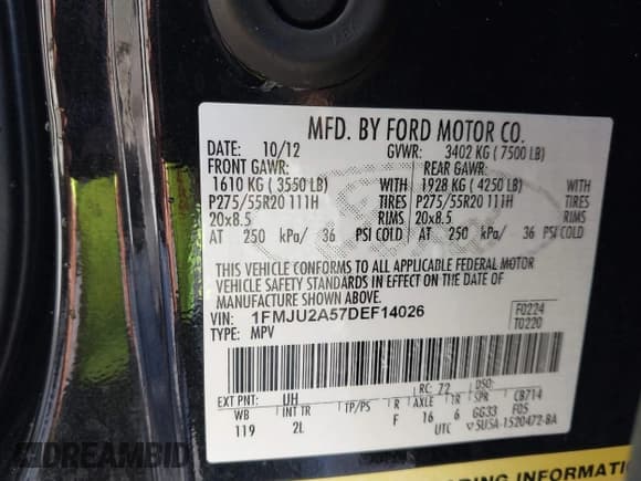 ✅ 2013 Ford Expedition Limited • VIN: 1FMJU2A57DEF14026 • Lot: 40861294. Listed on IAAI with 134,411 mi. Free auction sales archive from the USA and detailed vehicle history report at DreamBid. Image 9.