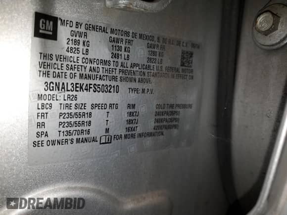 2015 Chevrolet Captiva Sport LT с VIN 3GNAL3EK4FS503210, выставлен на аукционе Copart как лот 83183474 с пробегом 90 858 миль миль и Списание • Salvage title. История ставок и продаж доступна на DreamBid. Изображение 14.