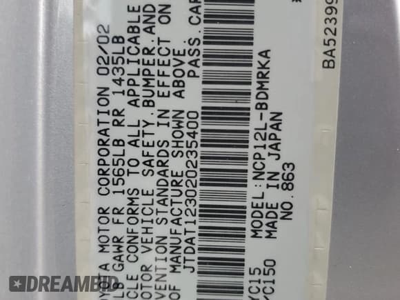 ✅ 2002 Toyota ECHO • VIN: JTDAT123020235400 • Lot: 88145625. Listed on Copart with Not provided. Free auction sales archive from the USA and detailed vehicle history report at DreamBid. Image 12.