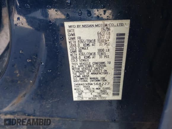 ✅ 2006 Nissan Titan SE • VIN: 1N6BA07A96N568227 • Lot: 41489899. Wystawiony na IAAI z przebiegiem 337 201 mil. Bezpłatny archiwum sprzedaży aukcyjnych z USA i szczegółowy raport historii pojazdu na DreamBid. Zdjęcie 9.