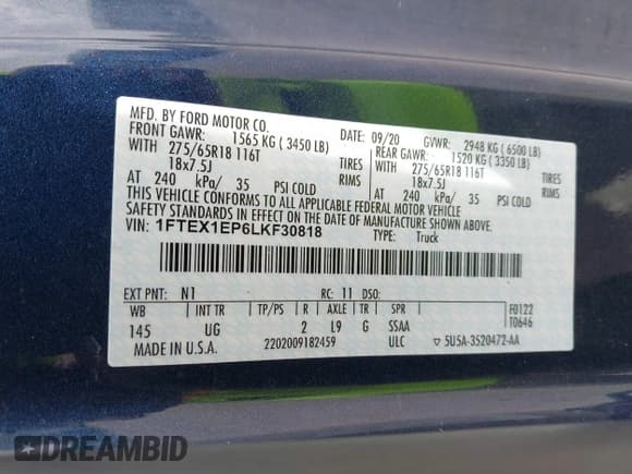 ✅ 2020 Ford F-150 XL • VIN: 1FTEX1EP6LKF30818 • Lot: 42607039. Listed on IAAI with 29,587 mi. Free auction sales archive from the USA and detailed vehicle history report at DreamBid. Image 9.