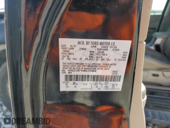 ✅ 2008 Mercury Mariner Premier • VIN: 4M2CU87108KJ15402 • Lot: 55895355. Listed on Copart with Not provided. Free auction sales archive from the USA and detailed vehicle history report at DreamBid. Image 13.