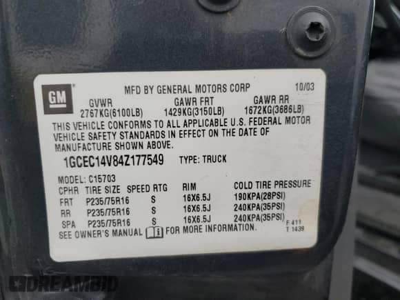 2004 Chevrolet Silverado 1500 LS z VIN 1GCEC14V84Z177549, wystawiony jako Copart lot #55821375 z przebiegiem Nie podano mil oraz Szkoda całkowita • Salvage title. Historia ofert i sprzedaży dostępna na DreamBid. Obrazek 13.