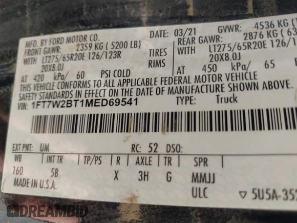 ✅ 2021 Ford F-250 XL • VIN: 1FT7W2BT1MED69541 • Lot: 40546067. Wystawiony na IAAI z przebiegiem Nie podano. Bezpłatny archiwum sprzedaży aukcyjnych z USA i szczegółowy raport historii pojazdu na DreamBid. Zdjęcie 9.