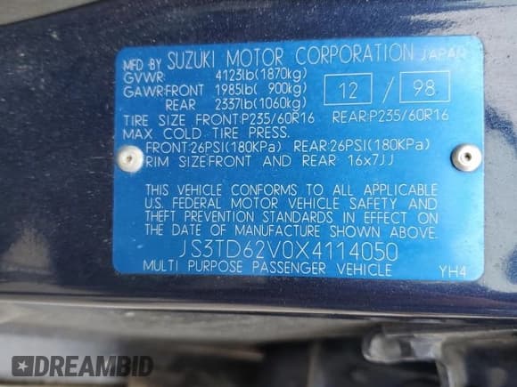 ✅ 1999 Suzuki Grand Vitara JLX • VIN: JS3TD62V0X4114050 • Lot: 80593564. Wystawiony na Copart z przebiegiem Nie podano. Bezpłatny archiwum sprzedaży aukcyjnych z USA i szczegółowy raport historii pojazdu na DreamBid. Zdjęcie 12.