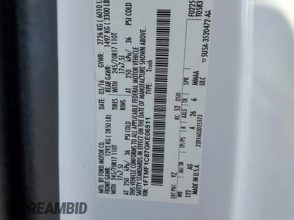 ✅ 2016 Ford F-150 XL • VIN: 1FTMF1C87GKE06511 • Lot: 86861845. Wystawiony na Copart z przebiegiem 74 321 mil. Bezpłatny archiwum sprzedaży aukcyjnych z USA i szczegółowy raport historii pojazdu na DreamBid. Zdjęcie 12.