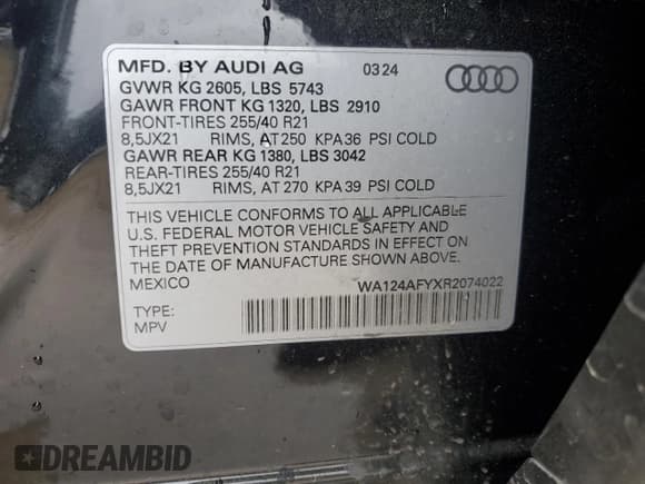 ✅ 2024 Audi SQ5 Sportback Premium Plus • VIN: WA124AFYXR2074022 • Lot: 87796575. Listed on Copart with 6,124 mi. Free auction sales archive from the USA and detailed vehicle history report at DreamBid. Image 13.