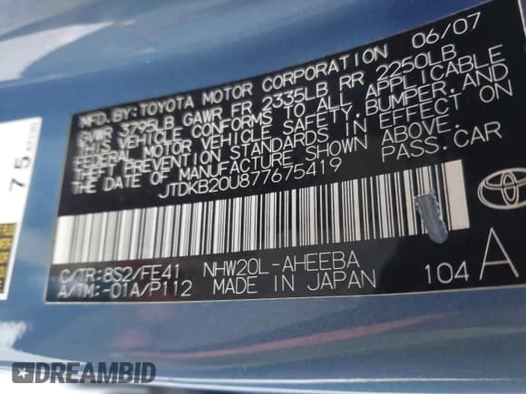 ✅ 2007 Toyota Prius • VIN: JTDKB20U877675419 • Lot: 43682803. Listed on IAAI with Not provided. Free auction sales archive from the USA and detailed vehicle history report at DreamBid. Image 9.