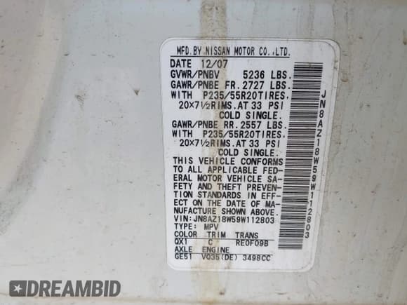 ✅ 2009 Nissan Murano S • VIN: JN8AZ18W59W112803 • Lot: 43301858. Listed on IAAI with 172,186 mi. Free auction sales archive from the USA and detailed vehicle history report at DreamBid. Image 9.