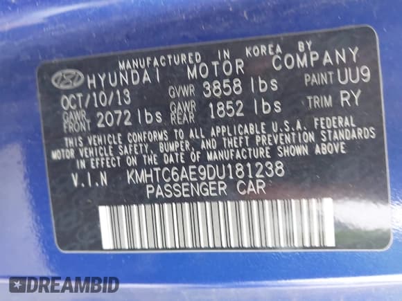 ✅ 2013 Hyundai Veloster Turbo • VIN: KMHTC6AE9DU181238 • Lot: 43525329. Listed on IAAI with 121,343 mi. Free auction sales archive from the USA and detailed vehicle history report at DreamBid. Image 9.