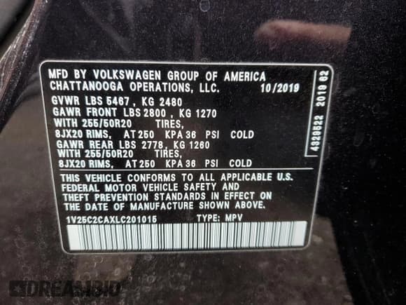 ✅ 2020 Volkswagen Atlas SE • VIN: 1V25C2CAXLC201015 • Lot: 38640493. Wystawiony na Copart z przebiegiem 18 106 mil. Bezpłatny archiwum sprzedaży aukcyjnych z USA i szczegółowy raport historii pojazdu na DreamBid. Zdjęcie 12.