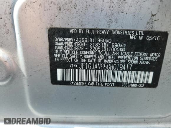 ✅ 2016 Subaru Impreza Limited • VIN: JF1GJAN65GH019417 • Lot: 64760475. Listed on Copart with 129,932 mi. Free auction sales archive from the USA and detailed vehicle history report at DreamBid. Image 12.