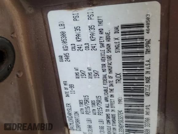 ✅ 2000 Dodge Dakota • VIN: 1B7GL22X6YS632724 • Lot: 89880635. Listed on Copart with 168,990 mi. Free auction sales archive from the USA and detailed vehicle history report at DreamBid. Image 12.