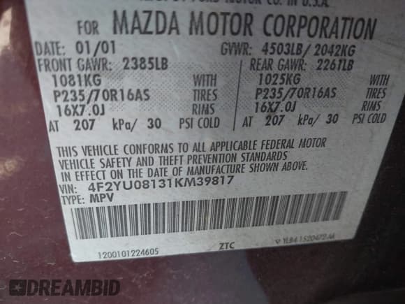 ✅ 2001 Mazda Tribute LX • VIN: 4F2YU08131KM39817 • Lot: 41678877. Listed on IAAI with 210,715 mi. Free auction sales archive from the USA and detailed vehicle history report at DreamBid. Image 9.