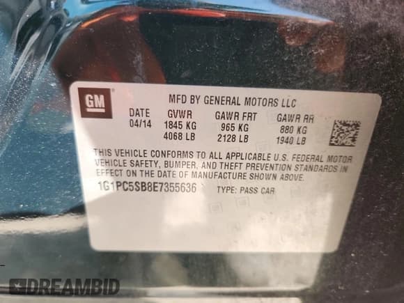 ✅ 2014 Chevrolet Cruze 1LT • VIN: 1G1PC5SB8E7355636 • Lot: 82295905. Listed on Copart with 91,120 mi. Free auction sales archive from the USA and detailed vehicle history report at DreamBid. Image 12.