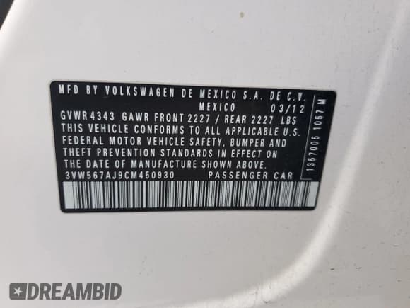 ✅ 2012 Volkswagen Jetta Autobahn • VIN: 3VW567AJ9CM450930 • Lot: 84655985. Listed on Copart with 105,972 mi. Free auction sales archive from the USA and detailed vehicle history report at DreamBid. Image 12.