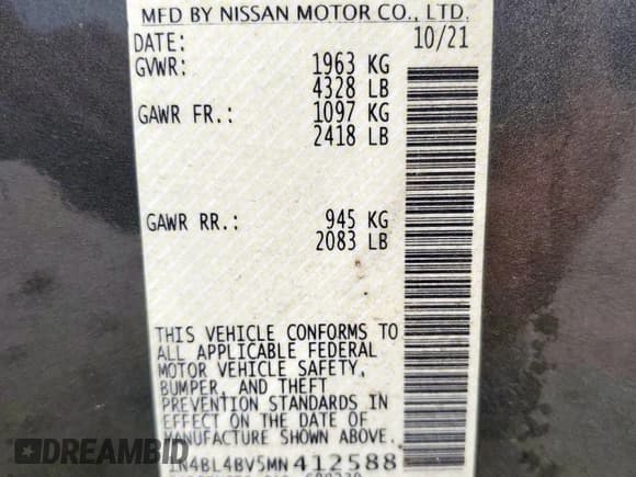 ✅ 2021 Nissan Altima S • VIN: 1N4BL4BV5MN412588 • Lot: 82147655. Listed on Copart with 55,217 mi. Free auction sales archive from the USA and detailed vehicle history report at DreamBid. Image 12.