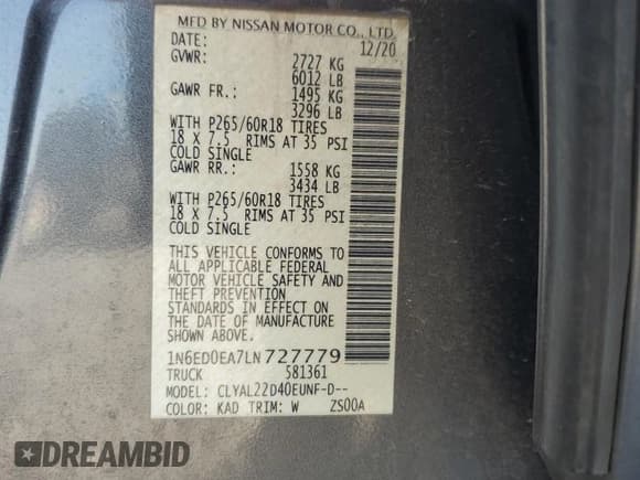 ✅ 2020 Nissan Frontier SV • VIN: 1N6ED0EA7LN727779 • Lot: 82690695. Listed on Copart with 82,785 mi. Free auction sales archive from the USA and detailed vehicle history report at DreamBid. Image 12.