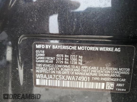 ✅ 2018 BMW 5 Series 530i xDrive • VIN: WBAJA7C5XJWA74901 • Lot: 53979455. Listed on Copart with 42,865 mi. Free auction sales archive from the USA and detailed vehicle history report at DreamBid. Image 13.