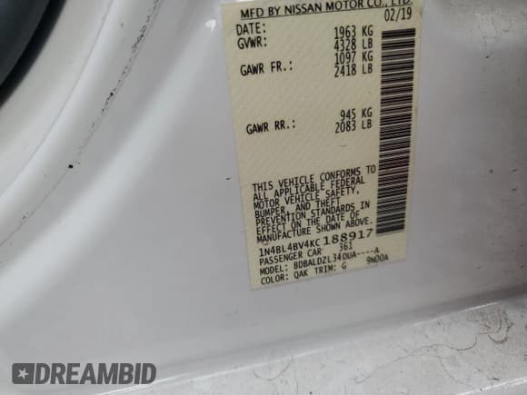 ✅ 2019 Nissan Altima S • VIN: 1N4BL4BV4KC188917 • Lot: 92220035. Wystawiony na Copart z przebiegiem 109 566 mil. Bezpłatny archiwum sprzedaży aukcyjnych z USA i szczegółowy raport historii pojazdu na DreamBid. Zdjęcie 12.