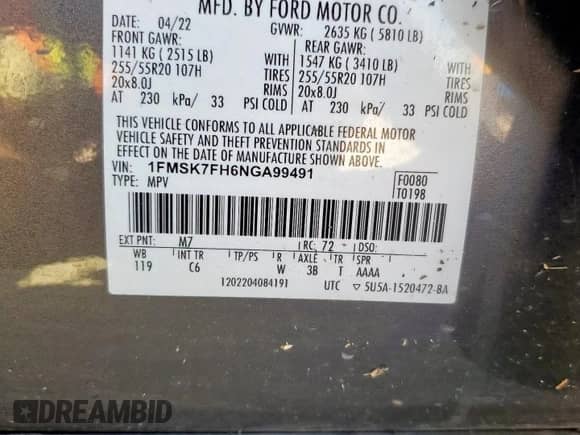 2022 Ford Explorer Limited with VIN 1FMSK7FH6NGA99491, listed as a Copart auction lot 69976035 with 74,860 mi miles and Clean title. Bid and sale history available at DreamBid. Image 13.