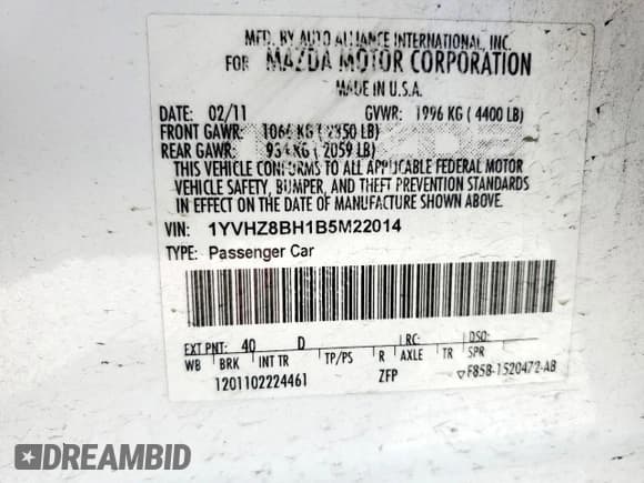 ✅ 2011 Mazda 6 i Sport • VIN: 1YVHZ8BH1B5M22014 • Lot: 60839075. Listed on Copart with 183,354 mi. Free auction sales archive from the USA and detailed vehicle history report at DreamBid. Image 12.