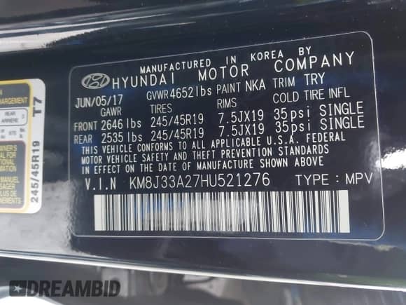 2017 Hyundai Tucson Sport with VIN KM8J33A27HU521276, listed as a IAAI auction lot 43574859 with 127,108 mi miles and . Bid and sale history available at DreamBid. Image 9.