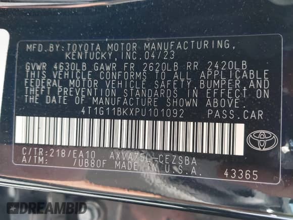 2023 Toyota Camry SE z VIN 4T1G11BKXPU101092, wystawiony jako IAAI lot #42396141 z przebiegiem 22 174 mil mil oraz . Historia ofert i sprzedaży dostępna na DreamBid. Obrazek 9.