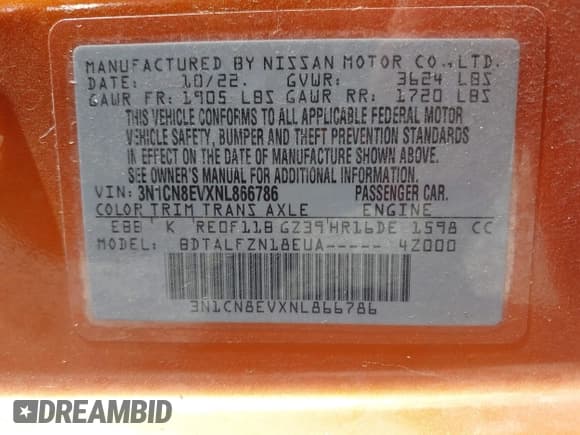 ✅ 2022 Nissan Versa SV • VIN: 3N1CN8EVXNL866786 • Lot: 42603467. Listed on IAAI with 24,055 mi. Free auction sales archive from the USA and detailed vehicle history report at DreamBid. Image 9.