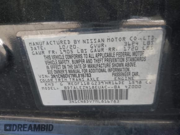 ✅ 2021 Nissan Versa S • VIN: 3N1CN8DV7ML816783 • Lot: 43806622. Listed on IAAI with 154,036 mi. Free auction sales archive from the USA and detailed vehicle history report at DreamBid. Image 9.