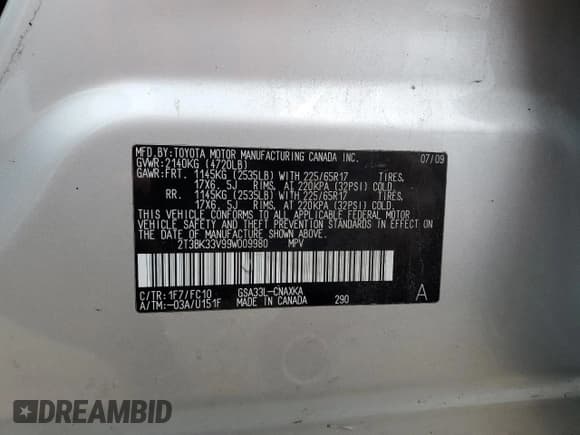 ✅ 2009 Toyota RAV4 • VIN: 2T3BK33V99W009980 • Lot: 93967645. Listed on Copart with 236,336 mi. Free auction sales archive from the USA and detailed vehicle history report at DreamBid. Image 12.