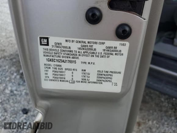 ✅ 2004 GMC Yukon XL SLT • VIN: 1GKEC16Z94J176915 • Lot: 60721435. Listed on Copart with Not provided. Free auction sales archive from the USA and detailed vehicle history report at DreamBid. Image 13.