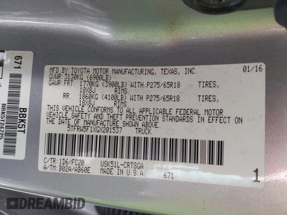 ✅ 2016 Toyota Tundra SR5 • VIN: 5TFRW5F1XGX201537 • Лот: 41396181. Опубликован ранее на IAAI с пробегом 133 968 миль. Бесплатный доступ к архиву аукционных продаж из США и подробный отчёт об истории автомобиля на DreamBid. Изображение 9.