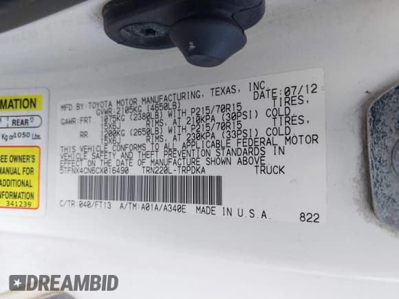 ✅ 2012 Toyota Tacoma • VIN: 5TFNX4CN6CX016490 • Lot: 42766847. Listed on IAAI with 205,957 mi. Free auction sales archive from the USA and detailed vehicle history report at DreamBid. Image 9.