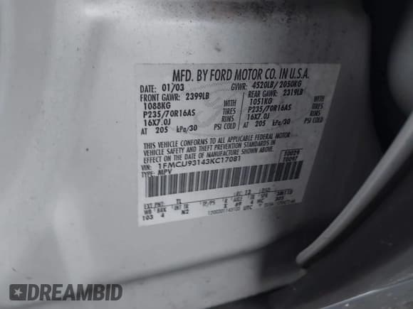 ✅ 2003 Ford Escape XLT Popular 2 • VIN: 1FMCU93143KC17081 • Lot: 43804470. Wystawiony na IAAI z przebiegiem 195 409 mil. Bezpłatny archiwum sprzedaży aukcyjnych z USA i szczegółowy raport historii pojazdu na DreamBid. Zdjęcie 9.