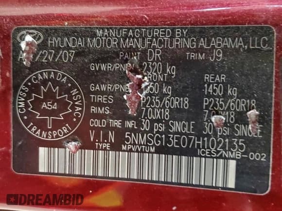 ✅ 2007 Hyundai Santa Fe GL 5Pass • VIN: 5NMSG13E07H102135 • Lot: 95942925. Listed on Copart with 258,683 mi. Free auction sales archive from the USA and detailed vehicle history report at DreamBid. Image 13.