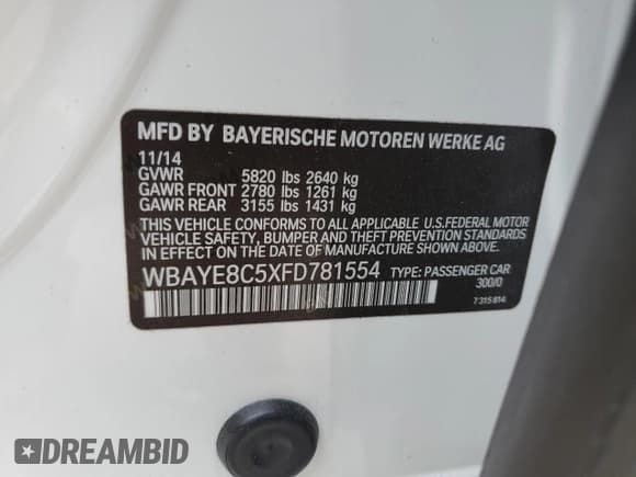 ✅ 2015 BMW 7 Series 750Li • VIN: WBAYE8C5XFD781554 • Лот: 80150903. Опубликован ранее на Copart с пробегом 60 919 миль. Бесплатный доступ к архиву аукционных продаж из США и подробный отчёт об истории автомобиля на DreamBid. Изображение 13.