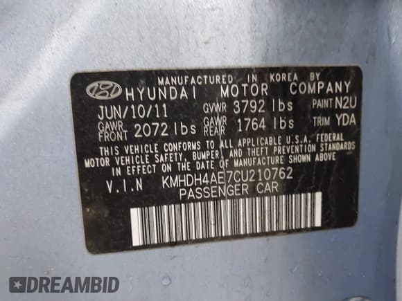 ✅ 2012 Hyundai Elantra Limited • VIN: KMHDH4AE7CU210762 • Lot: 41310711. Listed on IAAI with 204,550 mi. Free auction sales archive from the USA and detailed vehicle history report at DreamBid. Image 9.