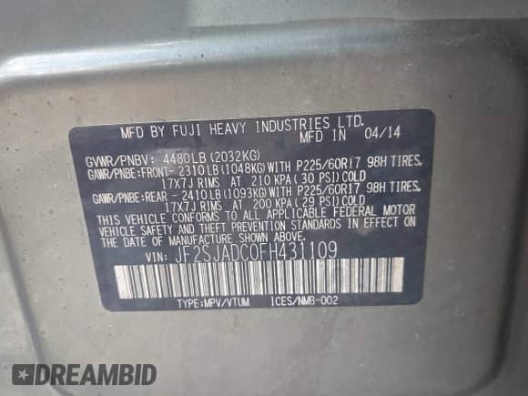 2015 Subaru Forester Premium с VIN JF2SJADC0FH431109, выставлен на аукционе IAAI как лот 42959042 с пробегом Не указан миль и . История ставок и продаж доступна на DreamBid. Изображение 9.