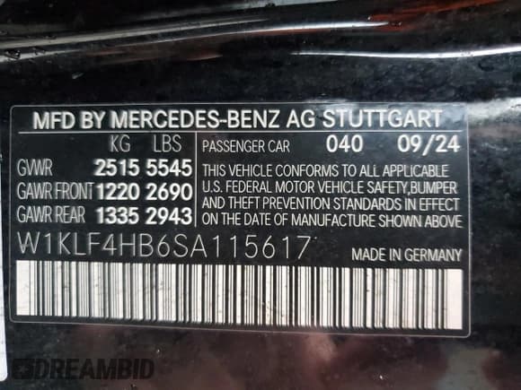 ✅ 2025 Mercedes-Benz E 350 • VIN: W1KLF4HB6SA115617 • Lot: 59522515. Listed on Copart with Not provided. Free auction sales archive from the USA and detailed vehicle history report at DreamBid. Image 12.