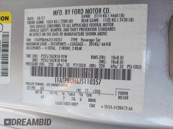 ✅ 2018 Ford Mustang EcoBoost Premium • VIN: 1FATP8UH6J5110357 • Lot: 43588713. Listed on IAAI with 101,304 mi. Free auction sales archive from the USA and detailed vehicle history report at DreamBid. Image 9.