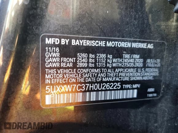 ✅ 2017 BMW X4 M40i • VIN: 5UXXW7C37H0U26225 • Lot: 69297445. Listed on Copart with 111,832 mi. Free auction sales archive from the USA and detailed vehicle history report at DreamBid. Image 13.