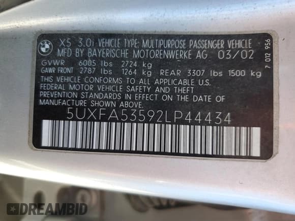 ✅ 2002 BMW X5 3.0i • VIN: 5UXFA53592LP44434 • Lot: 65392905. Wystawiony na Copart z przebiegiem Nie podano. Bezpłatny archiwum sprzedaży aukcyjnych z USA i szczegółowy raport historii pojazdu na DreamBid. Zdjęcie 13.