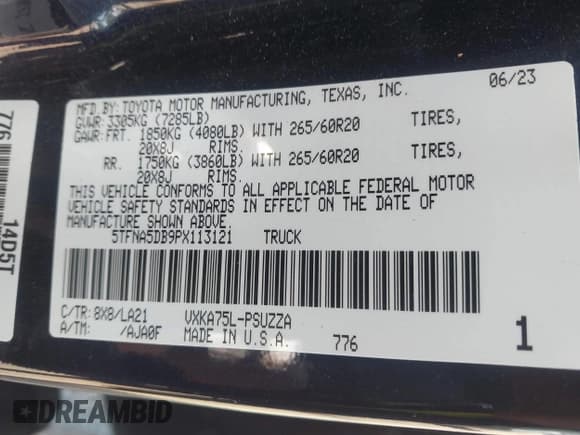 ✅ 2023 Toyota Tundra Platinum • VIN: 5TFNA5DB9PX113121 • Лот: 42629832. Опубликован ранее на IAAI с пробегом 40 529 миль. Бесплатный доступ к архиву аукционных продаж из США и подробный отчёт об истории автомобиля на DreamBid. Изображение 9.