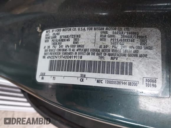 ✅ 2002 Nissan Quest GXE • VIN: 4N2ZN15T42D819118 • Lot: 43195896. Listed on IAAI with 107,775 mi. Free auction sales archive from the USA and detailed vehicle history report at DreamBid. Image 9.