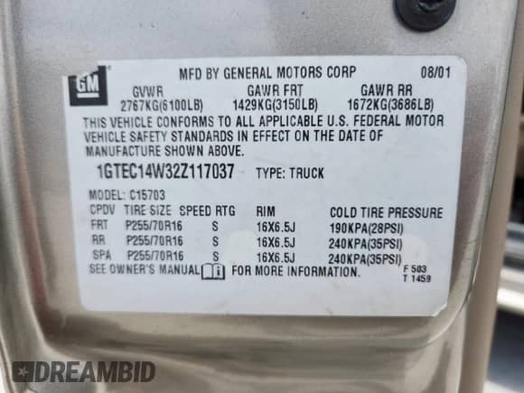 2002 GMC Sierra 1500 with VIN 1GTEC14W32Z117037, listed as a Copart auction lot 61937045 with Not provided miles and Salvage title. Bid and sale history available at DreamBid. Image 12.