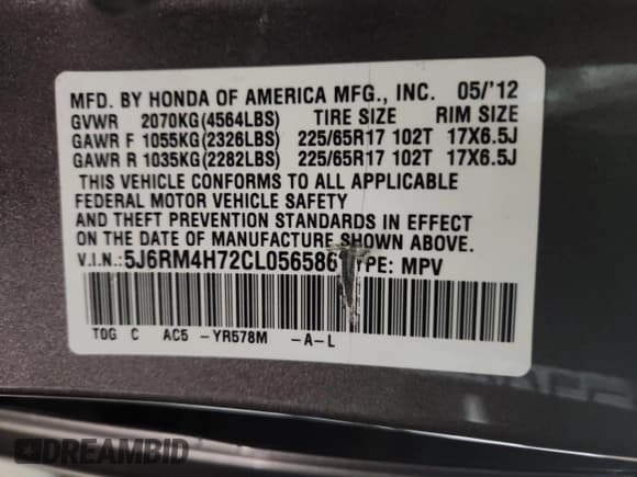 ✅ 2012 Honda CR-V EX-L • VIN: 5J6RM4H72CL056586 • Lot: 92879435. Listed on Copart with 157,861 mi. Free auction sales archive from the USA and detailed vehicle history report at DreamBid. Image 14.