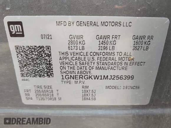 ✅ 2021 Chevrolet Traverse LT Cloth • VIN: 1GNERGKW1MJ256399 • Lot: 42246415. Listed on IAAI with 67,432 mi. Free auction sales archive from the USA and detailed vehicle history report at DreamBid. Image 9.