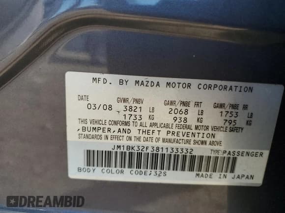 ✅ 2008 Mazda 3 Sport • VIN: JM1BK32F381133332 • Lot: 46714735. Wystawiony na Copart z przebiegiem 148 444 mil. Bezpłatny archiwum sprzedaży aukcyjnych z USA i szczegółowy raport historii pojazdu na DreamBid. Zdjęcie 12.