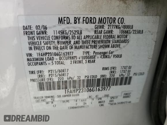 ✅ 2006 Ford Five Hundred SE • VIN: 1FAHP23106G163977 • Lot: 63364034. Wystawiony na Copart z przebiegiem 288 399 mil. Bezpłatny archiwum sprzedaży aukcyjnych z USA i szczegółowy raport historii pojazdu na DreamBid. Zdjęcie 12.